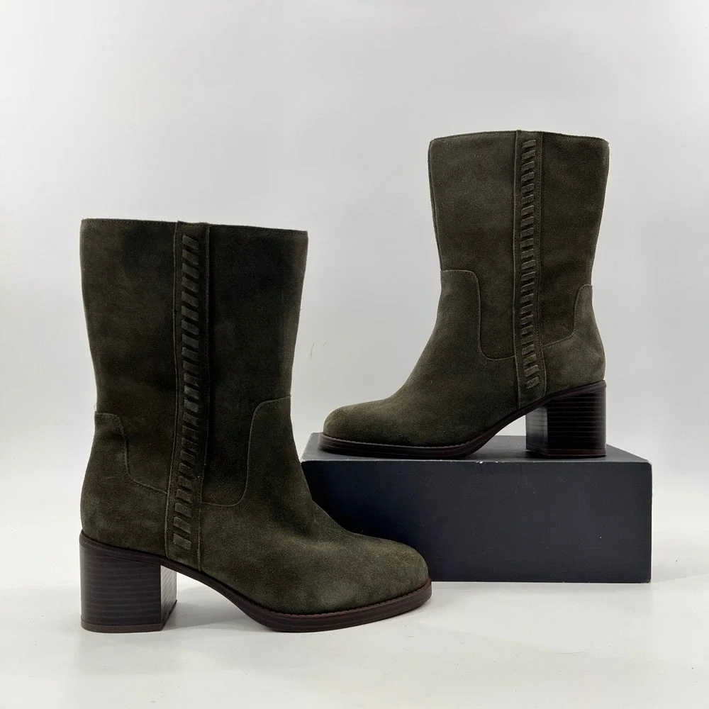 Vince Camuto Mid-Calf Boots Women 8 Wide Olive Boho Suede Block Heel Whipstitch